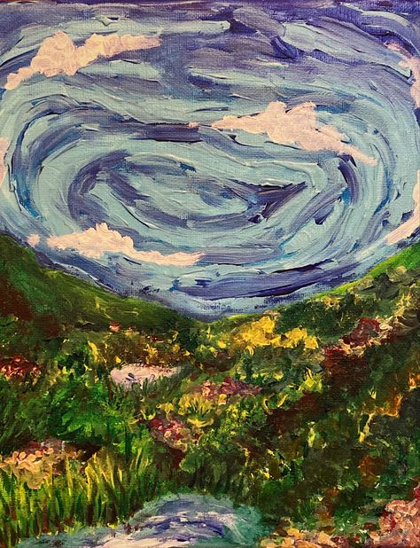 A landscape painting with a swirling cloudy sky. #landscape #acrylic #painting #flowers #sky #clouds #art Continuity Art, Landscape Acrylic Painting, Clouds Art, Landscape Acrylic, Psychadelic Art, Reference Pics, Acrylic Painting Flowers, Trippy Wallpaper, Sky Landscape