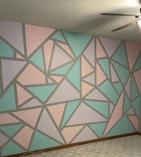 Pastel mosaic wall Pink Purple And Blue Wall Paint, Purple And Teal Kids Room, Teal Geometric Wall, Purple Teal Bedroom Room Ideas, Pink Purple Teal Bedroom Kids Rooms, Pink And Blue Accent Wall, Teal And Purple Bedroom For Girls Kids, Purple Wall Paint Ideas, Pink And Purple Wall Paint Ideas