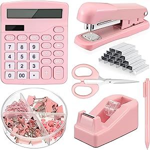 Amazon.com : 6 Set Desk Accessory Kit Office Supplies Include Cute Stapler Tape Dispenser Ballpoint Pen Binder Clips Paper Clips Scissor and Calculator for Girls Women(Pink) : Office Products Purple Office Supplies, Pink Office Supplies, Pink Office Decor, Purple Office, Pink Christmas Gifts, Cute Office Supplies, Cute Stationary School Supplies, Pink Desk, Pink Office