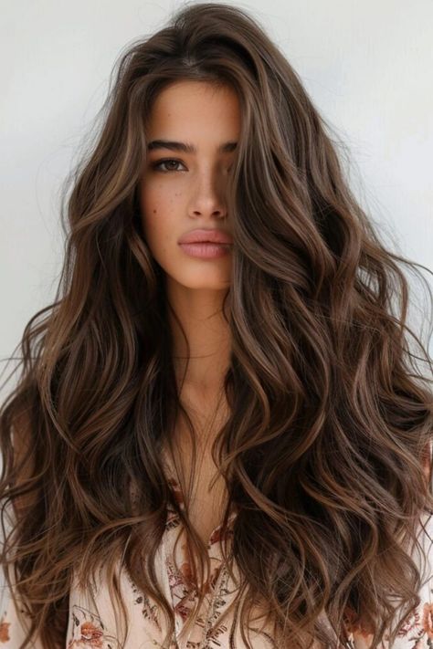 Celebrate the richness of long, thick hair with 28 options for hairstyles that are both practical and chic. Find the perfect balance for a stunning, hassle-free look. Long Dark Wavy Hair Natural, Long Hair Cuts With Layers Curly, Thick Wavy Long Hair, Wavy Hair Brunette, Loose Curls Long Hair, Brown Layered Hair, Big Wavy Hair, Soft Wavy Hair, Yulia Rose