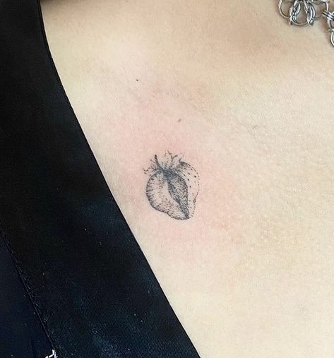 Sliced Fruit Tattoo, Detailed Strawberry Tattoo, Strawberries Tattoo, July Tattoos, Strawberry Shortcake Tattoo, Cool Finger Tattoos, Apple Tattoo, Strawberry Tattoo, Fruit Tattoo