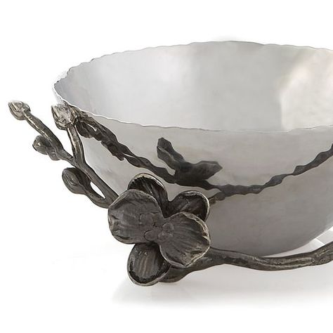 Michael Aram Black Orchid bowls | Artedona.com Orchid Bowl, Michael Aram Black Orchid, Nut Bowl, Michael Aram, Black Orchid, Hammered Metal, Olive Branch, Plates And Bowls, Modern Classic