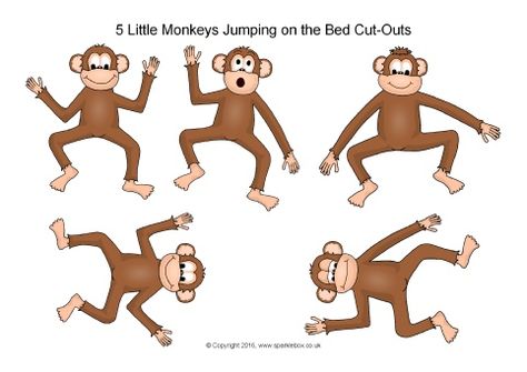 Five Little Monkeys Jumping on the Bed Cut-Outs (SB11649) - SparkleBox Five Little Monkeys Jumping On The Bed, Counting Rhymes, Toddler Songs, Monkeys Jumping On The Bed, Learning Folder, 5 Little Monkeys, Movement Songs, Jumping On The Bed, Body Parts Preschool