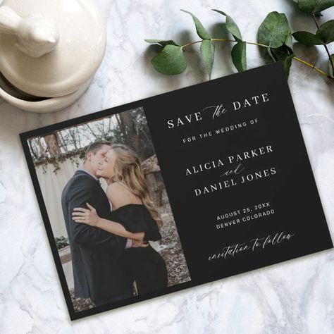 Simple elegant minimalist photo wedding save the d save the date Black Tie Wedding Invitations, Classic Weddings, Wedding Color Scheme, Formal Wedding Invitations, Minimalist Photos, Dark Wedding, Winter Wedding Invitations, Invitation Kits, Simple Invitation