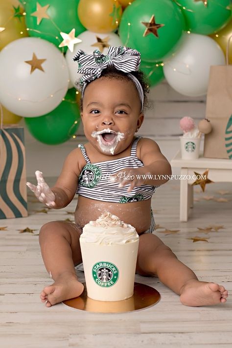 Starbucks First Birthday, Cake Smash Inspiration, Starbucks Birthday, Starbucks Cake, Cake Smash Theme, Baby 5, Cake Smash Photography, Baby #5