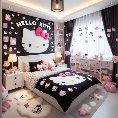 Black And Pink Hello Kitty Room, Laila Aesthetic, Hello Kitty Bedroom, Teenage Girl Room, Hello Kitty Rooms, Teen Bedroom Designs, Kitty Accessories, Future Apartment Decor, Hello Kitty Accessories