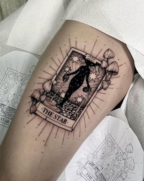 Star Tarot Tattoo, The Star Tarot Tattoo, Jasper Tattoo, Tattoo For Sleeve, Group Tattoo Ideas, Black Grey Tattoo Design, Tarot Tattoos, Dark Realism, Grey Tattoo Design