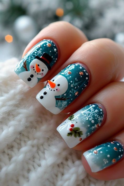 Snowman Nail Art Designs, Cute Spring Gel Nails, Snowman Nails Design, Snowman Nail Designs, Spring Gel Nails, Snowman Nail, Simple Snowman, Snowman Nail Art, Nude Nail Art