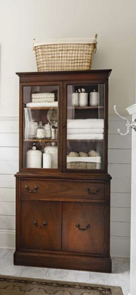 Hutch In Bathroom, Bathroom Hutch, Dining Unit, Farmhouse Master Bath, Mini Mansion, Victorian House Interiors, Pantry Ideas, Lake House Plans, China Cabinets