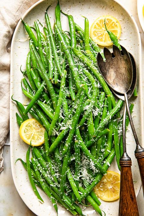 Lemon Garlic Green Beans with Parmesan Garlic Parmesan Green Beans, Paleo Grilled Chicken, Green Beans With Lemon, Lemon Garlic Green Beans, Honey Dijon Dressing, Chicken Cobb Salad, Lemon Garlic Butter Sauce, Easy Green Beans, Lemon Garlic Sauce