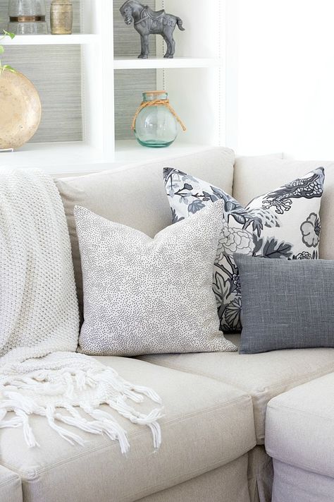 A+trio+of+pillows+for+the+sectional+corner Sofa Cushions Arrangement, Corner Sofa Cushions, Taupe Living Room, Cushion Arrangement, Family Room Reveal, Best Pillows, Driven By Decor, Throw Pillows Living Room, Cosy Living