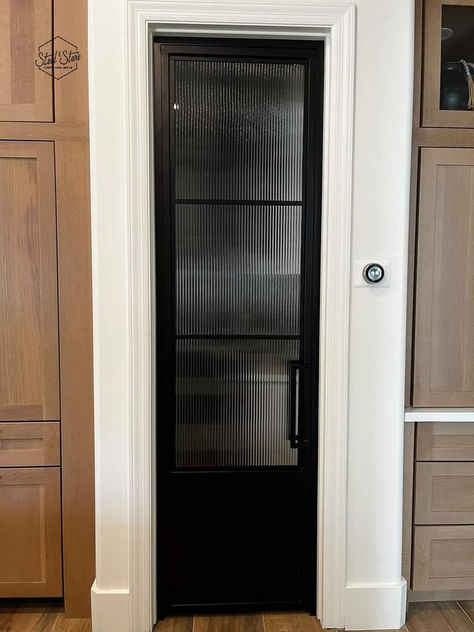 Pantry Door with Reeded Glass Small Utility Room, Kitchen Pantry Doors, Modern Pantry, Metal Awning, Glass Pantry Door, Custom Metal Work, Bathtub Doors, Reeded Glass, Pantry Cupboard