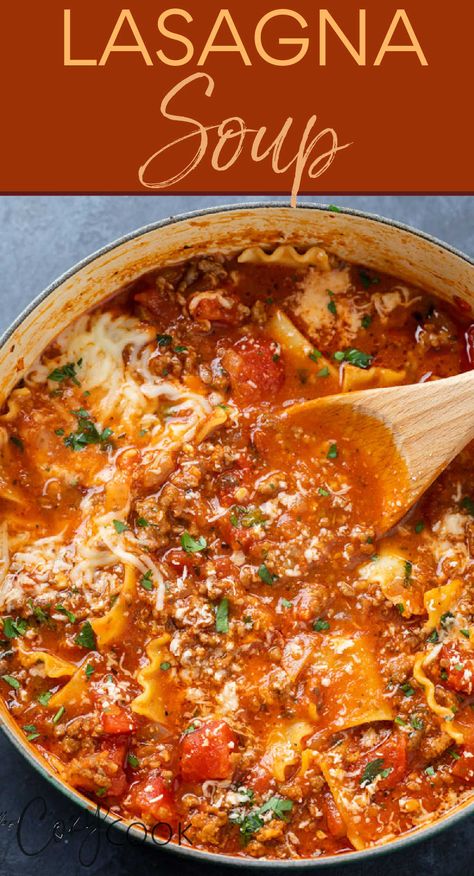 pot filled with lasagna soup with a wooden spoon in it. Lasange Recipe, Lasagne Soup, Easy Lasagna Soup, Lasagna Soup Recipe, Comfort Soup Recipes, Delicious Soup Recipes, Lasagna Soup, Comfort Soup, By The Lake