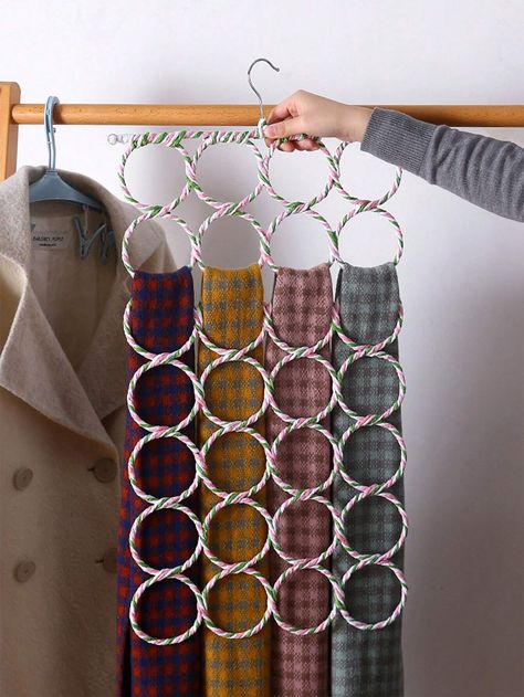 1pc Space-Saving Wall Closet Hanger With 28 Multicolor Paper Tube Hangers, Perfect For Scarf, Tie And Silk Scarf Storage, Home Organization (Random Rainbow Color)I discovered amazing products on SHEIN.com, come check them out! Hanger Wardrobe, Closet Storage Accessories, Fall Decor Bedroom, Organizer Clothes, Scarf Rack, Hanging Scarves, Scarf Storage, Belt Organizer, Wardrobe Organizer