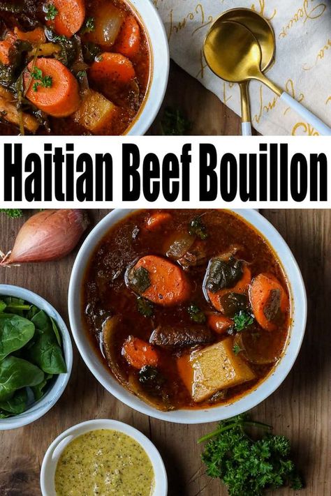 Rich and incredibly delicious Haitian Bouillon (Bouyon) recipe. This soup is filled with chunks of potatoes and hearty veggies, and laced with bold flavors of the Haitian Epis, making it comforting and nutritious. Bouyon Recipe, Haitian Epis Recipe, Epis Recipe, Haitian Epis, Beef Chuck, Russet Potatoes, Tomato Paste, Shallots, Green Onions