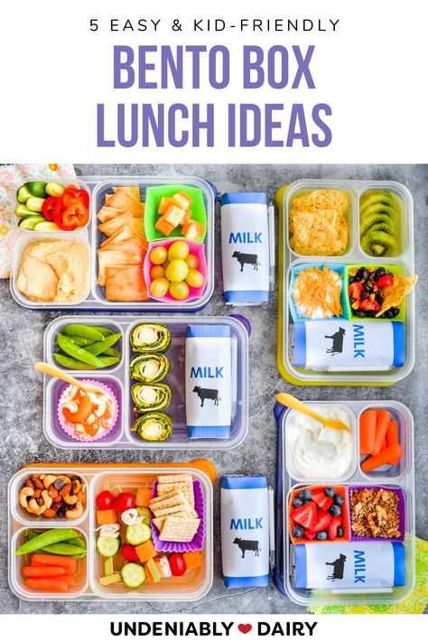 Packed with fruits, veggies, grains and dairy, these five bento box lunch ideas are a healthy, fun and easy way to simplify your back-to-school lunch routine. Bento Box Lunches For Kids, Sack Lunches, Nursing Math, Bento Box Lunch Ideas, Box Lunch Ideas, Kids Lunch Box Meals, Bento Box Lunch For Kids, Preschool Lunch, Toddler Lunch