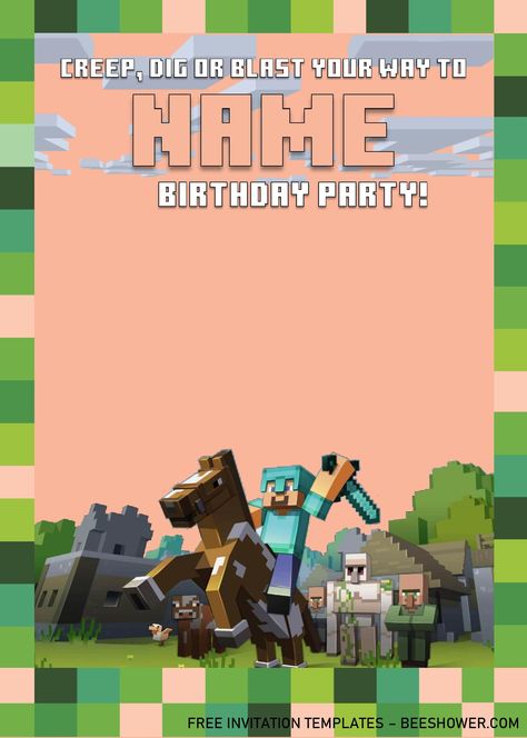 Free Minecraft Birthday Invitation Templates - Editable With MS Word Minecraft Birthday Party Invitations, Comic Invitation, Minecraft Party Invitations, Minecraft Birthday Invitations, Free Printable Wedding Invitations, Hulk Birthday, Minecraft Birthday Party, Free Invitation Templates, Minecraft Birthday