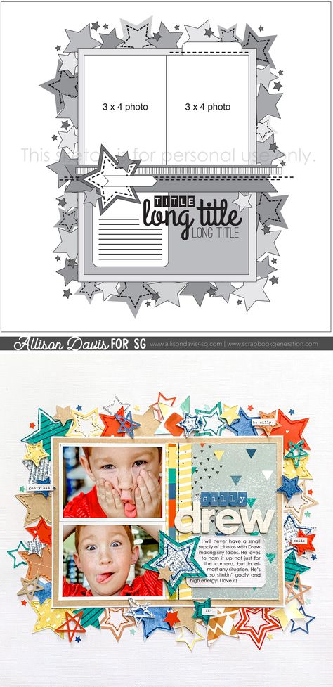 Pagemaps Scrapbook Pages, Brothers Scrapbook Page Ideas, Double Page Scrapbook Layouts Sketches, 6x6 Scrapbook Layouts, One Picture Scrapbook Layouts, One Page Layout, Sketch Layout, Allison Davis, Scrapbooking Templates