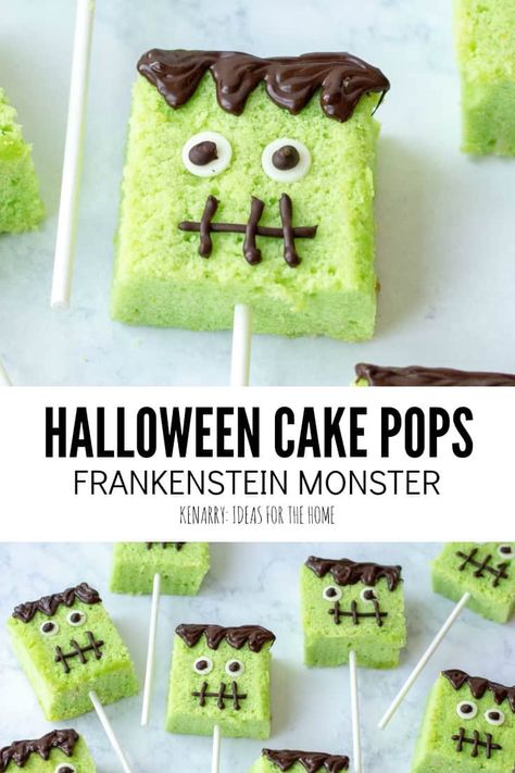 Delight your kids and their friends with these easy homemade Halloween cake pops! Each of these party desserts is decorated to look like Frankenstein monster. #easyrecipes #halloween #recipes #dessert #kidfriendlyrecipes #kenarry Halloween Recipes Dessert, Easy Halloween Cake, Frankenstein Cake, Easy Halloween Party Food, Halloween Cake Pops, Halloween Food Desserts, Frankenstein Monster, Make Halloween, Crowd Pleasing Recipes