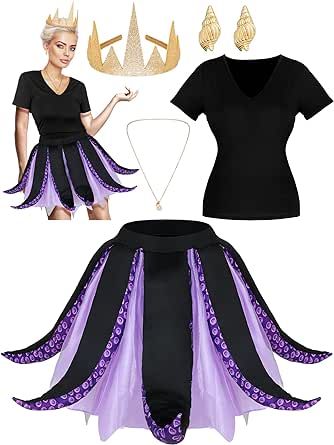 Ramede 5 Pcs Women's Halloween Sea Costume Purple Octopus Cosplay Costume Black Purple Tentacle Skirt Gold Necklace (Small) Sea Witch Costume, Octopus Costume, Sea Costume, Ursula Costume, Purple Octopus, Villain Costumes, Running Costumes, Witch Halloween Costume, Idee Cosplay