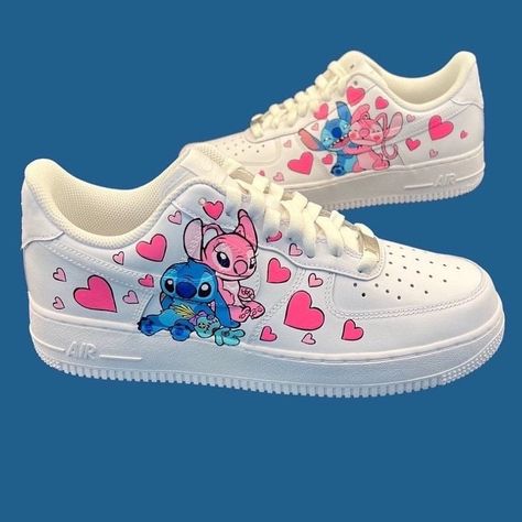 Custom hand painted air force 1 shoes. Images of Stitch and Angel with hearts. Prices vary depending size. Cost of shoes included in the price. Stitch Trainers, Hand Painted Air Force 1, Shoes Images, Painted Air Force 1, Stitch Things, Stitch Shoes, Baby Birthday Outfit, Lilo And Stitch Characters, Custom Sneakers Diy