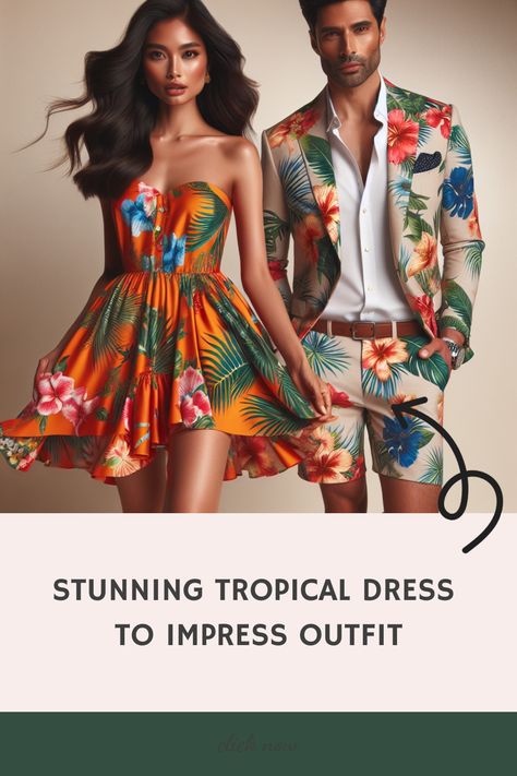 Stunning couple in matching tropical print outfits, promoting a summer collection. Luxury Island, Theme Dress, Bold Floral Print, Tropical Dress, Tropical Theme, Island Resort, Rock A, Summer Events, Free Spirited