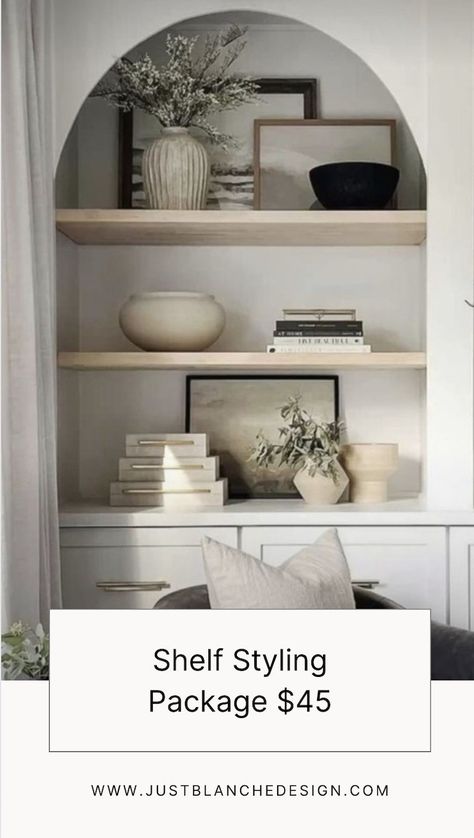 Shelf Decor Kitchen Modern, Open Shelving Living Room, Foyer Styling, Small Shelf Decor, Bookshelf Styling Living Room, Styling Shelf, Living Room Office Combo, Top Shelf Decor, Shelf Decor Ideas