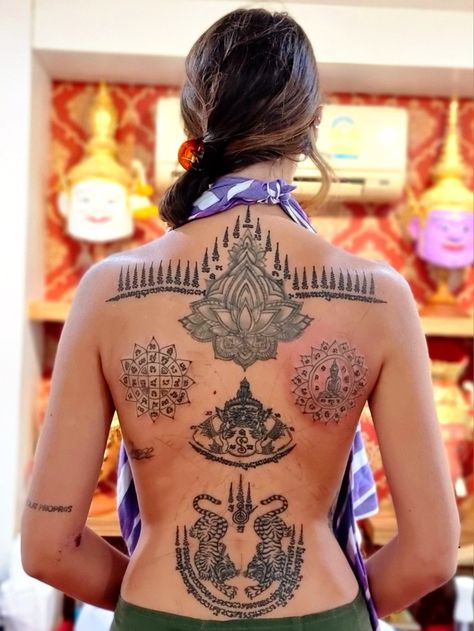 Tattoo Cafe, Sacred Tattoo, Thailand Tattoo, Sak Yant Tattoo, Sak Yant, Back Piece, Tattoed Girls, Hand Poke, Back Pieces