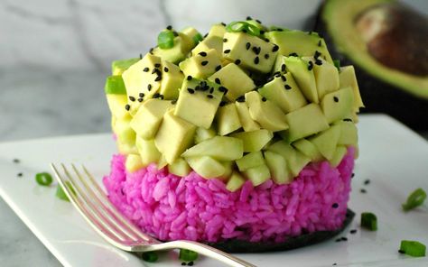 Pink Sushi Rice Avocado Stacks [Vegan, Gluten-Free] | One Green Planet Pink Sushi, Rice Avocado, Fruit Du Dragon, Vegan Sushi, Vegan Mayonnaise, Green Planet, Vegan Cookbook, Allergy Friendly Recipes, Sushi Rice