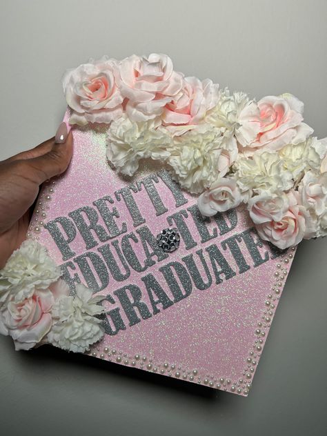 grad cap design Pretty Educated And Graduated Cap, Pretty Graduation Cap, Grad Hat, Senior Stuff, Grad Caps, Cap Decoration, Cap Ideas, Graduation Cap Decoration, Cap Decorations