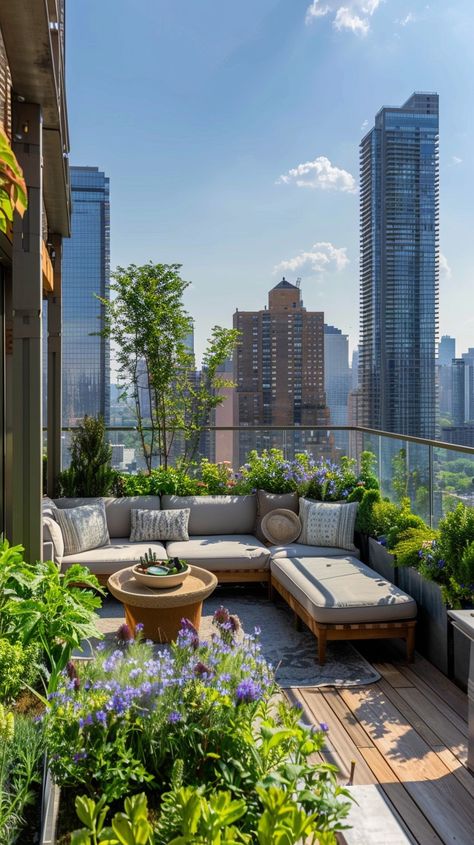 #UrbanGarden Oasis: Lush #balcony #garden with comfortable #seating offers a tranquil escape amidst the towering #cityscape background. #aiart #aiphoto #stockcake ⬇️ Download and 📝 Prompt 👉 https://stockcake.com/i/urban-garden-oasis_461588_757722 Apartment Terrace Design, Terrace Balcony Ideas, Balcony Oasis, Urban Gardening Balcony, Balcony Patio Ideas, Urban Balcony, Cityscape Background, Large Terrace, Small Bedroom Furniture