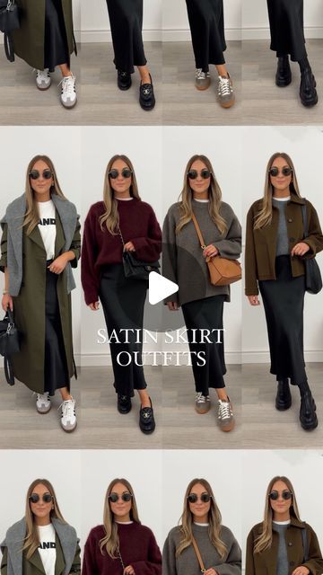 Stacie Elsmore on Instagram: "8 ways to wear a satin skirt for Autumn 🍂 Which look is your favourite?! 🖤 

You can shop all of these outfits now on my LTK- the link is in my bio or search MISSY ELZ on the app ✨" Outfit Jupe Satin, Satin Skirt Winter Outfit, Jupe Satin Outfit, Slip Skirt Outfit Fall, Satin Skirt Outfit Winter, Missy Elz, Long Satin Skirt, Satin Outfit, Outfit Otoño