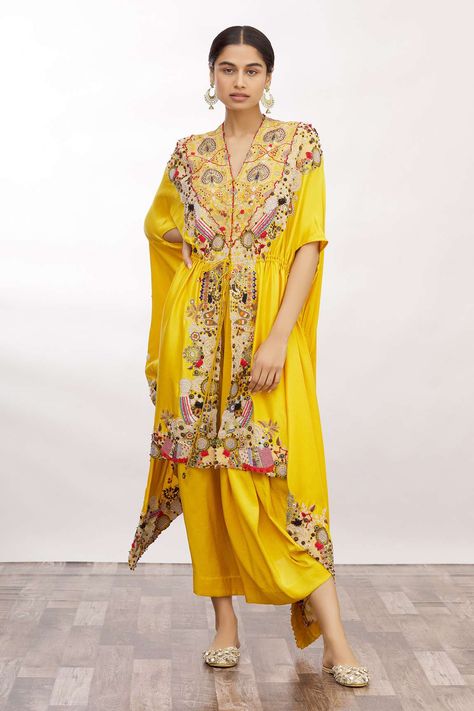 Shop for Anamika Khanna Yellow Kaftan Kurta And Draped Skirt Set for Women Online at Aza Fashions Anamika Khanna Kurta Sets, Anamika Khanna Jacket, Manish Malhotra Dresses, New Indian Dresses, Yellow Kaftan, Kaftan Kurta, Knot Skirt, Ridhi Mehra, Haldi Outfits