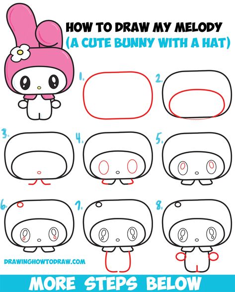 Learn How to Draw Kawaii / Chibi My Melody from Hello Kitty : A Cute Bunny with a Hood on - Easy Steps Drawing Lesson for Kids How To Draw My Melody, Cute Images To Draw, Sanrio Doodles, Sanrio Drawings, Bunny Hood, Steps Drawing, Hello Kitty Desenho, Draw Kawaii, Drawing Kawaii