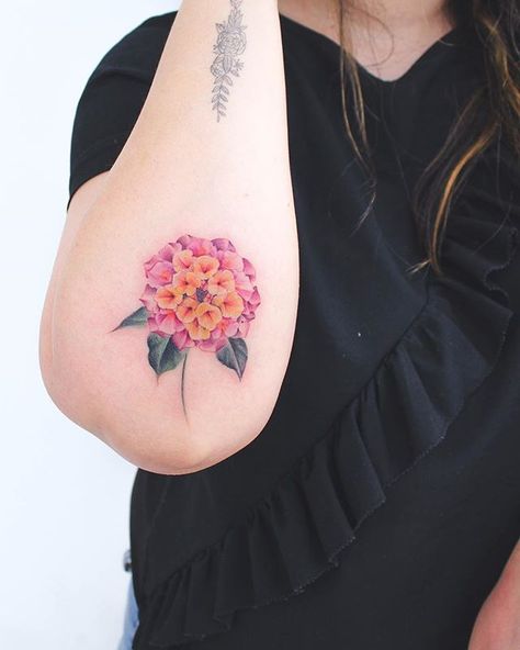 Lantana flowers 💐 @iristattooart . . . . #colortattoo #minimaltattoos #tat #tattrx #tatuaje #equilattera #tattoodo #tattooist #illustration… Lantana Tattoo, Flower Ankle Tattoos, Rose Rib Tattoos, Lantana Flower, Skin Color Tattoos, Colour Tattoo For Women, Tattoos For Dog Lovers, Ankle Tattoos, Beautiful Flower Tattoos