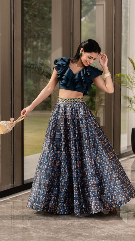 Teal Green Lehenga, Printed Lehenga, Green Lehenga, Ruffled Blouse, Layered Blouse, Dupion Silk, Indian Fabric, Silk Lehenga, Embroidered Neckline