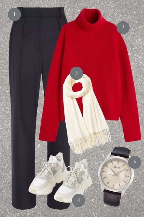 This fashion moodboard captures the essence of winter warmth with a striking combination of bold reds and classic neutrals. A rich, red turtleneck sweater stands at the forefront, providing both a pop of color and snug comfort for those chilly days. It’s perfectly contrasted with elegant black trousers, offering a sophisticated silhouette that’s versatile for office wear or evening outings. Winter Dressing, Red Turtleneck Sweater, Fashion Moodboard, Red Turtleneck, White Scarf, Winter Chic, White Scarves, Mood Board Fashion, Chic Look