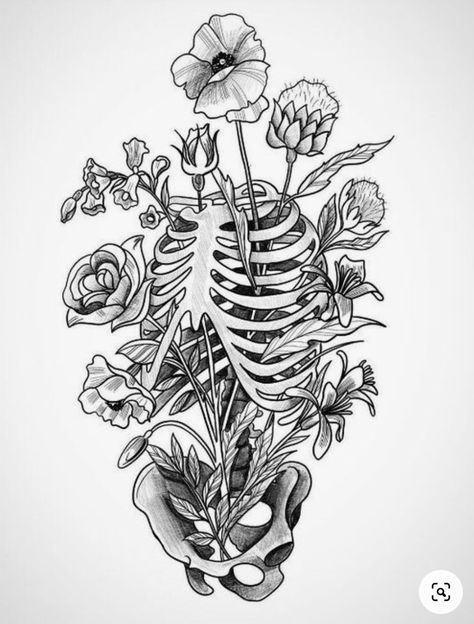 X Ray Tattoo Skeletons, Rib Cage With Flowers Drawing, Skeleton Art Tattoo, X Ray Tattoo Ideas, Tattoo Ideas Female Gothic, Human Body Tattoo, Human Anatomy Tattoo, Skeleton Sleeve Tattoo, 11 11 Tattoo Ideas Design