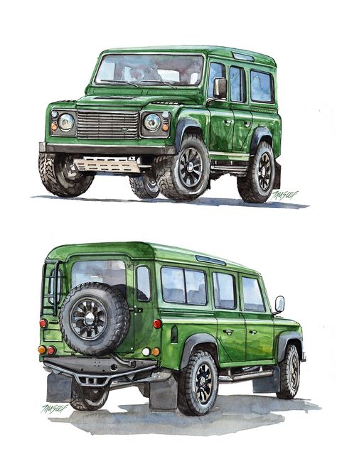 Land Rover Defender Watercolor Art on Behance Land Rover Defender Drawing, Land Rover Drawing, Land Rover Tattoo, Defender Drawing, Autos Wallpapers, Car Watercolor, Camping Icons, Art Transportation, Book Story