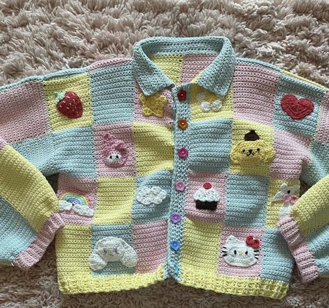 Hello Kitty Crochet Clothes, Hello Kitty Crochet Square, Sanrio Knitting Pattern, Crochet Patterns Sanrio, Sanrio Crochet Clothes, Sanrio Crochet Cardigan, Sanrio Crochet Granny Square, Sanrio Granny Square, Croshay Ideas Clothes