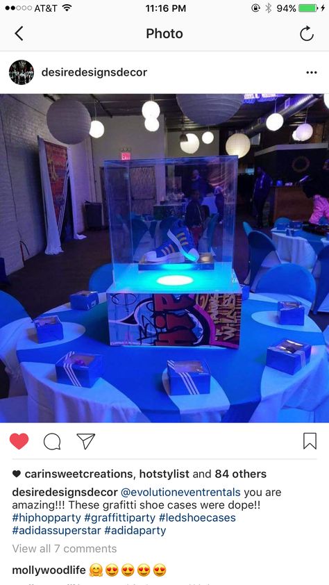 25th Birthday Dinner, Hiphop Party Centerpieces, Hiphop Party, 90s Party Ideas, Sweet 16 Party Decorations, Birthday Dinner Invitation, Sneaker Ball, 90s Theme Party, Mitzvah Decor