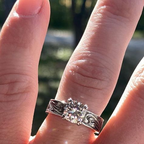 BA silver on Instagram: "Swipe to see how this customer paired this cushion cut engagement ring with some diamond bands. Made for a really classy, yet western look in my opinion! . . . . . #basilver #handmade #custom #westernweddingring #westernwedding #westernstyle #cowgirlstyle #silversmith #ladysmith" Southern Wedding Rings, Western Style Wedding Rings, Western Rings Engagement, Western Wedding Bands, Western Engagement Rings, Ranch Style Weddings, Western Couple, Western Wedding Rings, Fairytale Ring