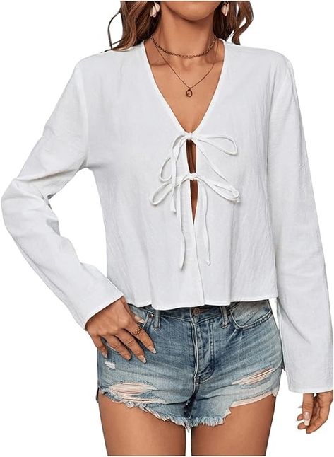 MakeMeChic Women's V Neck Tie Front Top Blouse Long Sleeve Loose Blouses Crop Top White X-Large at Amazon Women’s Clothing store Bow Tops Outfit, Bow Tie Women, Long Sleeve Loose Blouse, Tie Women, Cropped Leather Jacket, Loose Long Sleeve, Tie Front Top, Blouse Long Sleeve, Front Tie Top