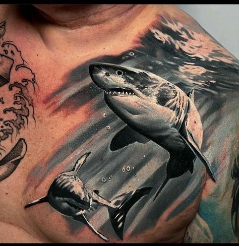 Ocean Shark Tattoo, Shark In Water Tattoo, Realistic Shark Tattoo, Pirate Skull Tattoos, Hai Tattoo, Underwater Tattoo, Memorial Tattoo Ideas, Rib Tattoos For Guys, Tiger Tattoo Sleeve