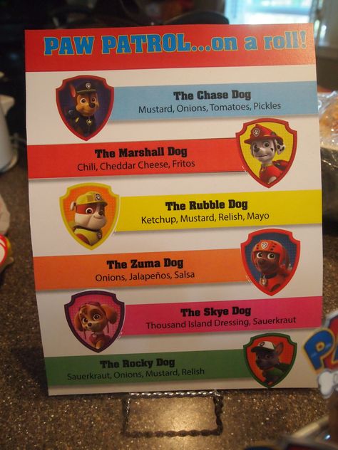 Paw Patrol Birthday - Hot Dog Bar Paw Patrol Party Ideas Food Hot Dog Bar, Paw Patrol Hot Dog Menu Printable, Paw Patrol Hot Dog Bar, Paw Patrol Birthday Theme, Dog Themed Birthday Party, Paw Patrol Movie, Paw Party, Hot Dog Bar, Paw Patrol Birthday Party