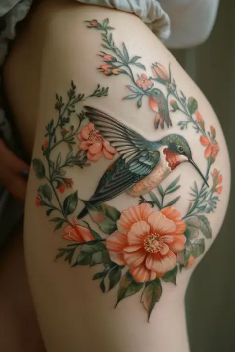 Looking for elegant bird tattoo designs for women? Explore a variety of captivating bird tattoo ideas perfect for females. From delicate flying birds to intricate feathers, these designs are perfect for those wanting a nature-inspired or symbolic tattoo. Find inspiration and find the perfect bird tattoos to express your style and personality. Whether you prefer small, minimalist tattoos or bold, colorful designs, there is something here for everyone. Discover the beauty of bird tattoos and get i Hummingbird Flower Tattoo Sleeve, Bird Tattoos Back, Female Nature Tattoos, Coloured Tattoos For Women, Bird Thigh Tattoo, Bird Tattoo Designs For Women, Full Buttcheek Tattoo Women, Nina Aesthetic, Neo Traditional Chest Tattoo