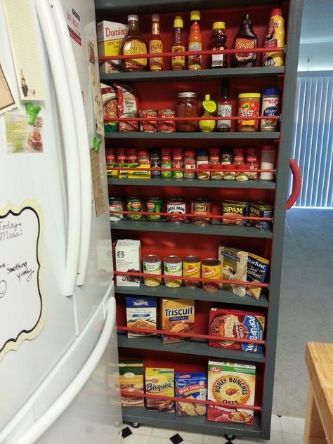 Roll out shelf beside refrigerator allowing space for refrigerator doors to open. Rolling Pantry, Slide Out Pantry, Pull Out Pantry, Declutter Kitchen, Crazy House, Diy Kitchen Storage, Small Space Kitchen, Empty Spaces, Pantry Storage