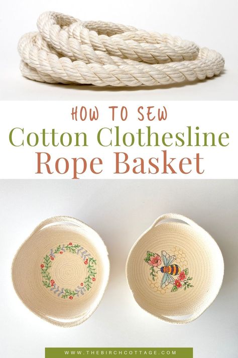 Diy Rope Basket Sewing, Clothesline Basket How To Make, Clothesline Rope Basket, Embroidered Rope Baskets, Oval Rope Basket Diy, How To Make Rope Bowls, How To Make Rope Baskets, Machine Embroidery Rope Bowls, Fabric Rope Baskets