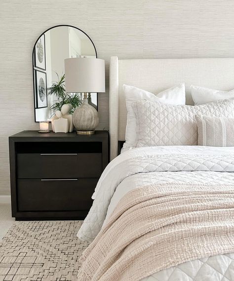 Mirror Behind Nightstand Ideas, Mirror On Both Sides Of Bed, Light Bed With Dark Nightstand, Master Bedrooms Mirrors Over Nightstand, White Bedroom Color Scheme, Grey Bedhead Bedroom Ideas, Decor Behind Nightstand Ideas, Bedroom Nightstands With Mirrors, Large Mirrors Above Nightstand