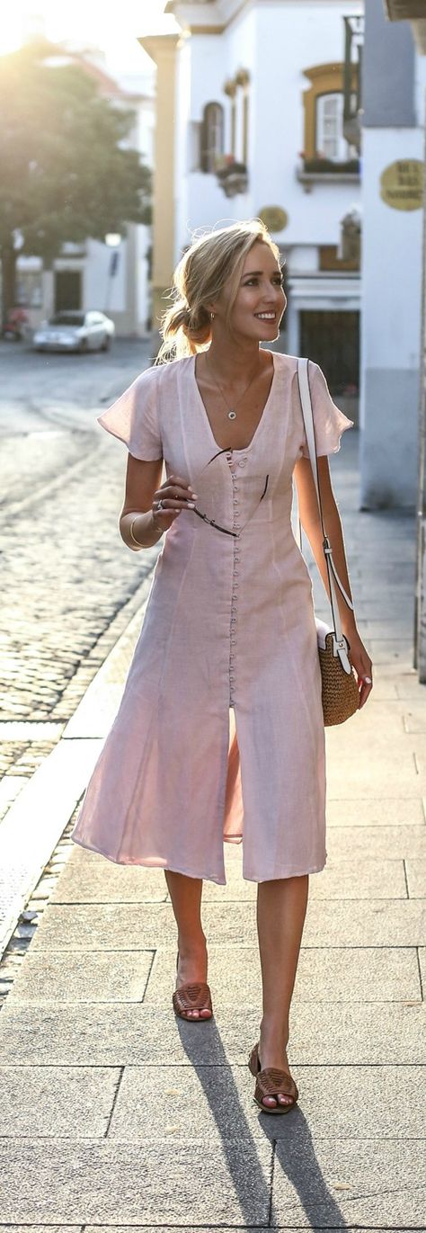 light pink linen maxi dress, woven crossbody bag, woven flats + messy bun hairstyle {privacy please, michael kors} {portugal travel guide} Perfect Travel Outfit, Áo Blu, Trendy Sewing, Dress For Summer, Summer Fashion Dresses, Linen Maxi Dress, Pink Linen, Mode Inspo, Inspired Outfits